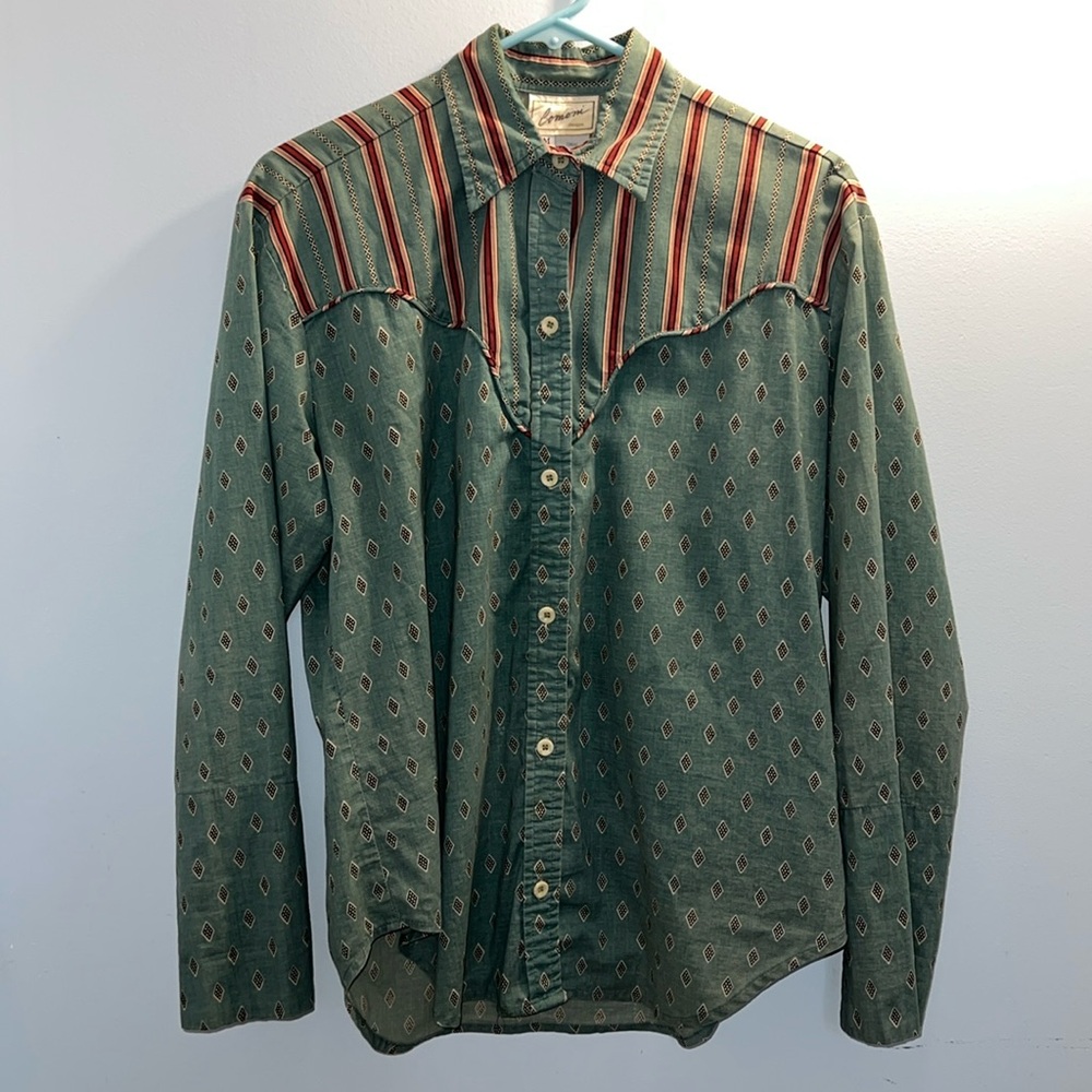 Vintage Comoni Women’s M button down, teal w/diamond pattern, red stripes